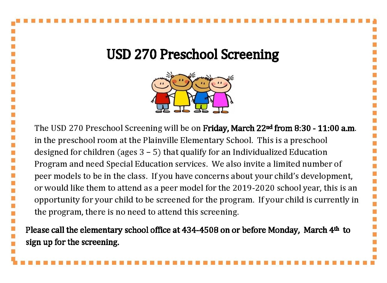 Plainville USD 270 PreSchool Screening Information.