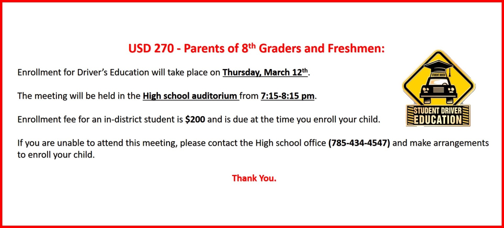 Plainville USD 270 2020 Driver's Education Enrollment Information.